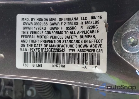 2016 Honda Civic Ex-T z USA, uszkodzony, nr VIN 19XFC1F32GE220542